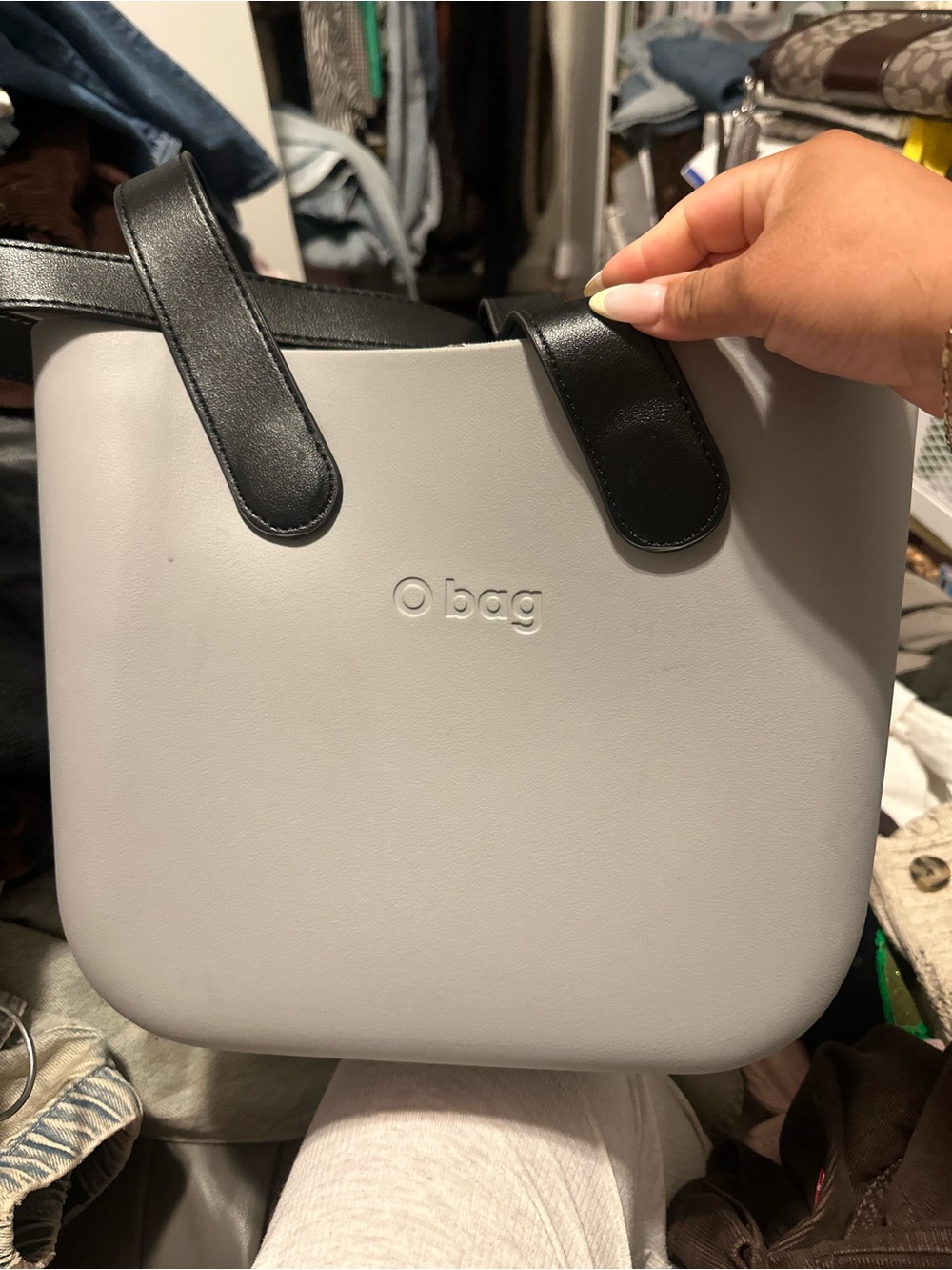 O bag Gray Tote with Black Handles